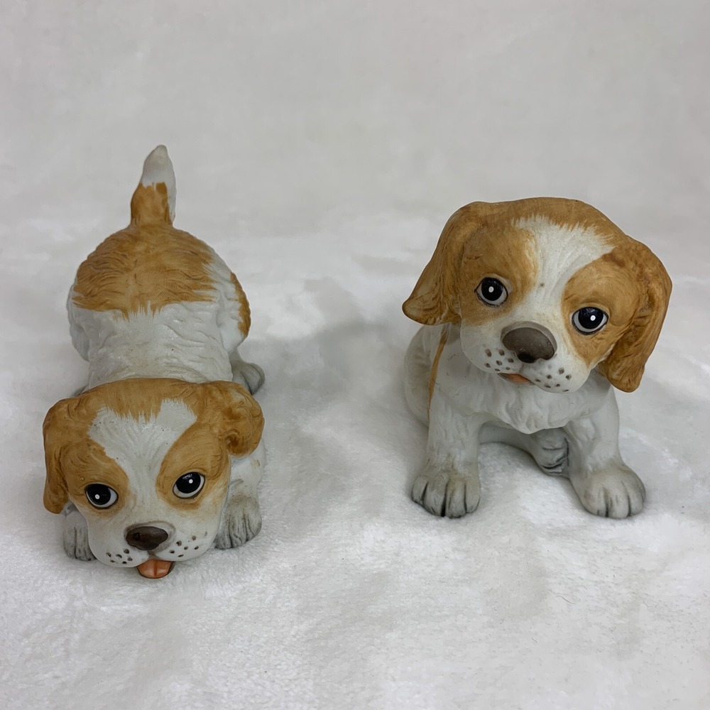 2 Vintage Homco No. 1407 Porcelain Puppy Dog Figurines‎ Tan and White